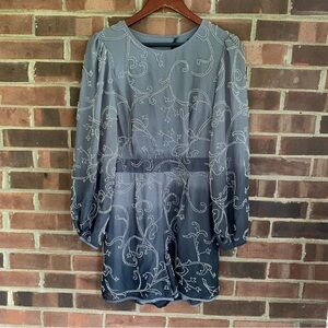 BCBGMAXAZRIA Womens Blue Georgette Embellished Evening Romper Size Small Regular